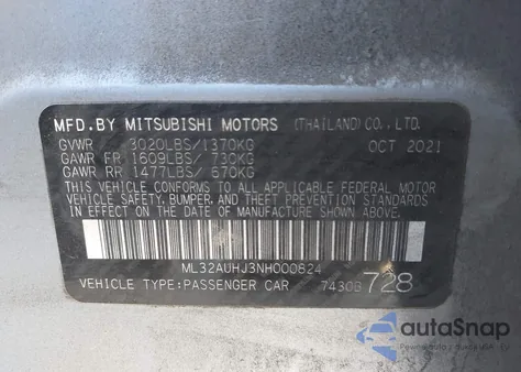 2022 Mitsubishi Mirage Es z USA, uszkodzony, nr VIN ML32AUHJ3NH000824